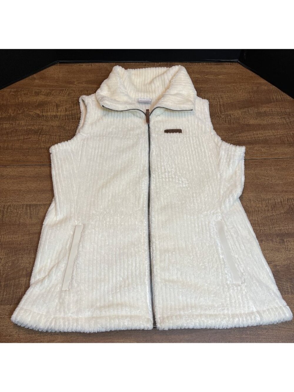 Columbia Women's Fire Side Vest Sz L Cream White Ribbed Cabincore Gorpcore Cozy